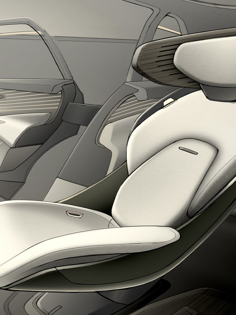 A sketch depicts a car seat turned towards an open door.